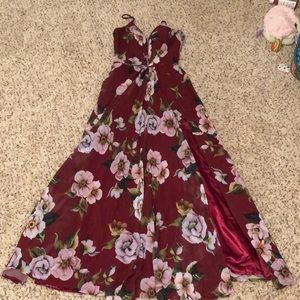 Faviana Maroon with pink, white flower prom dress